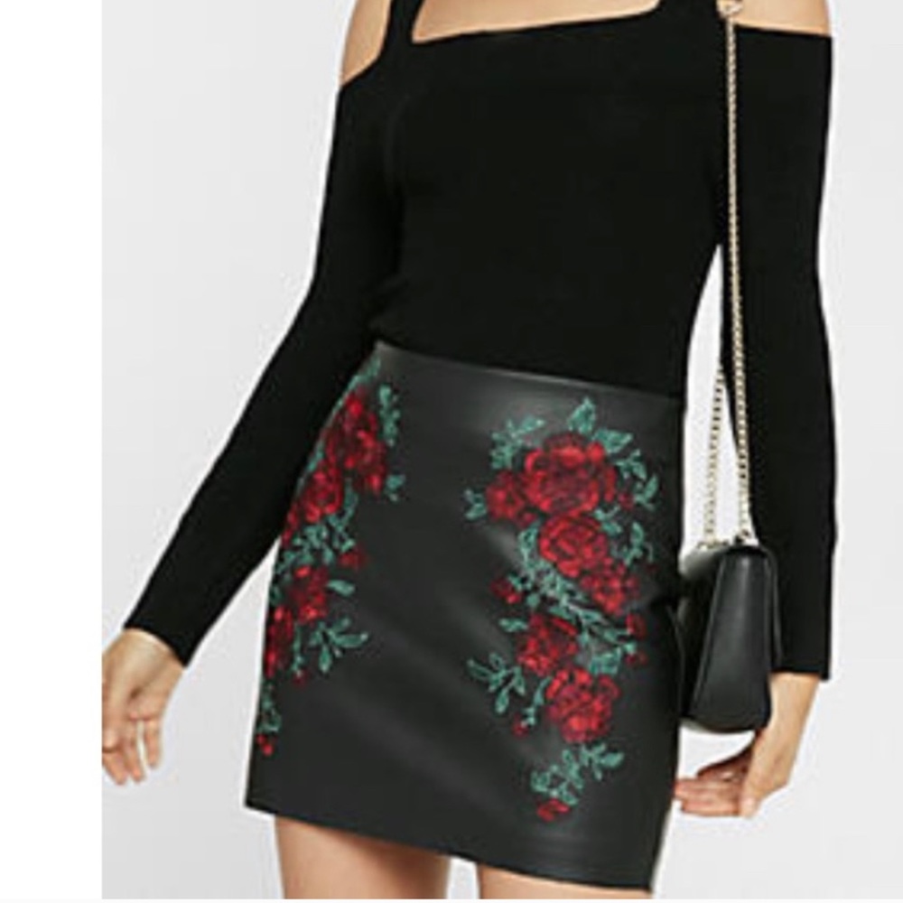 Express Flower Embroidered Faux Leather Skirt